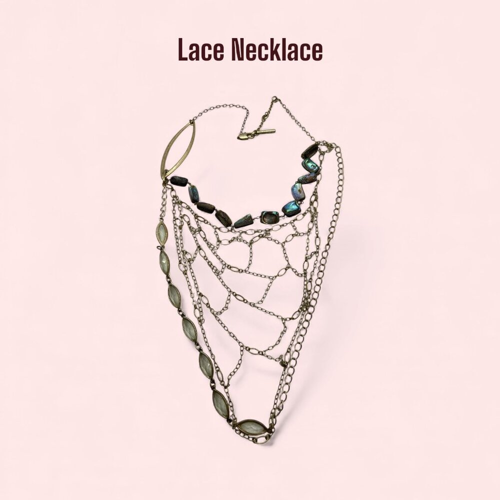 Metal Lace Necklace Iridescent Glass Stones 19”